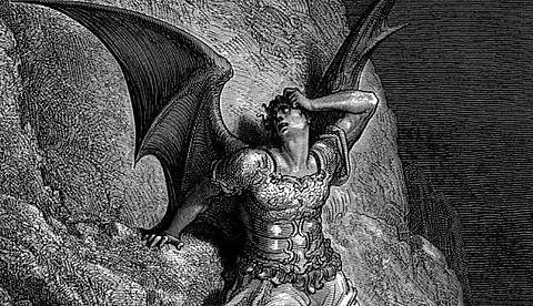 a black and white line drawing illustrating satan as a fallen angel