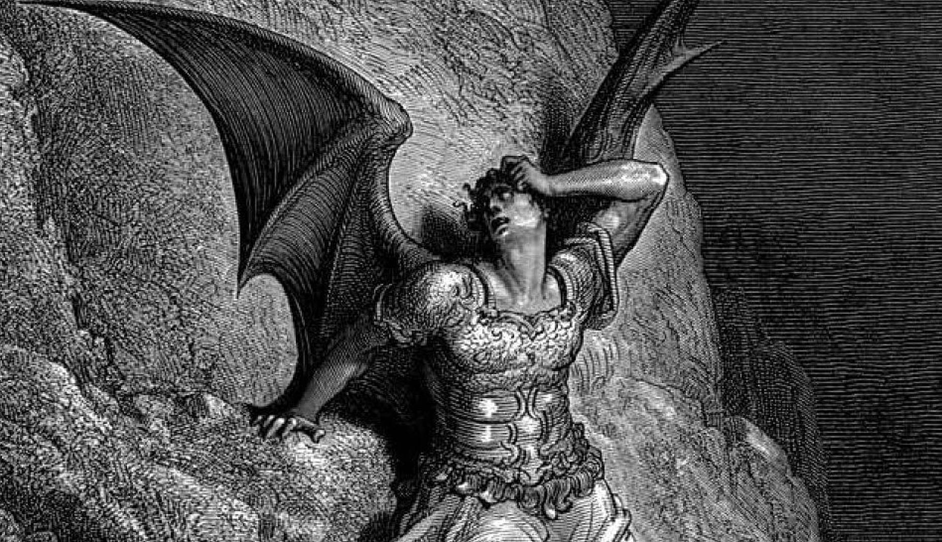 a black and white line drawing illustrating satan as a fallen angel